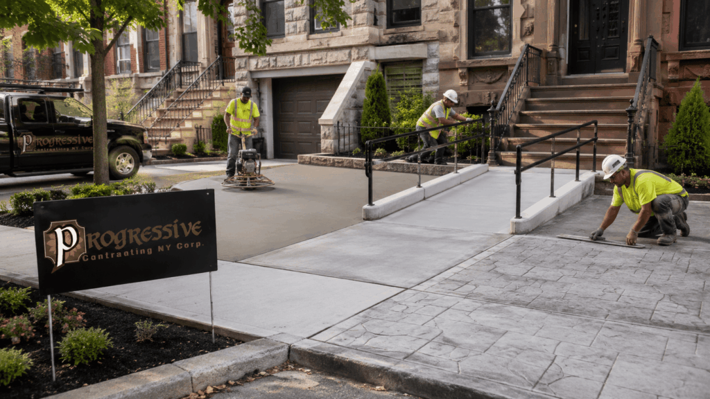 Progressive Contracting NY crew finishing a concrete driveway, sidewalk, ramp, and stamped concrete surface in Brooklyn.
