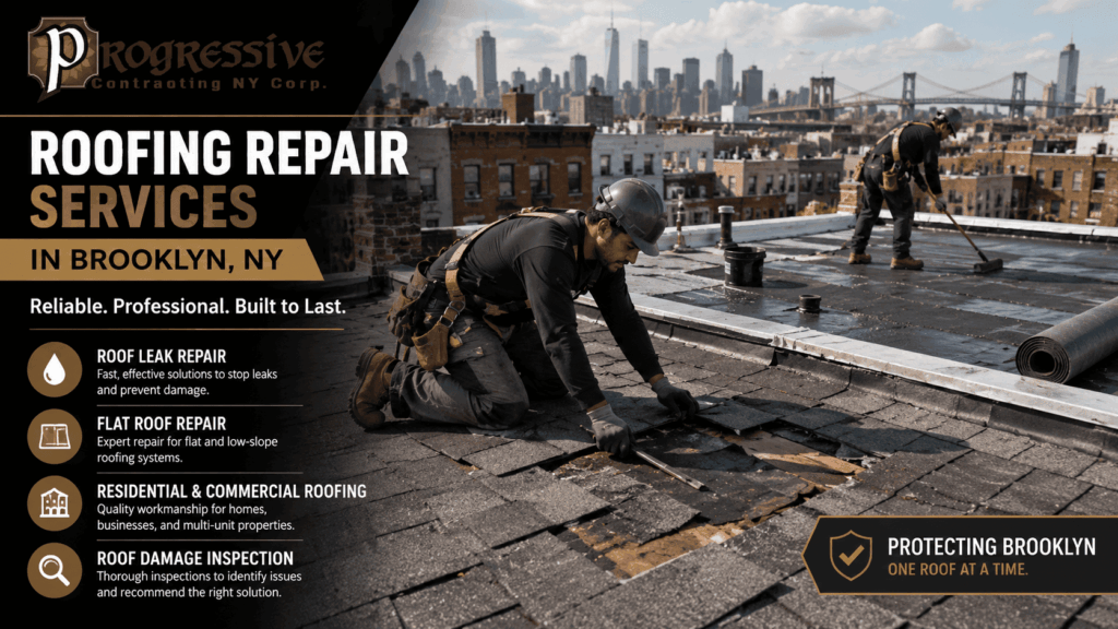 Roofing repair contractors fixing a damaged roof in Brooklyn NY with Progressive Contracting NY service highlights and logo.