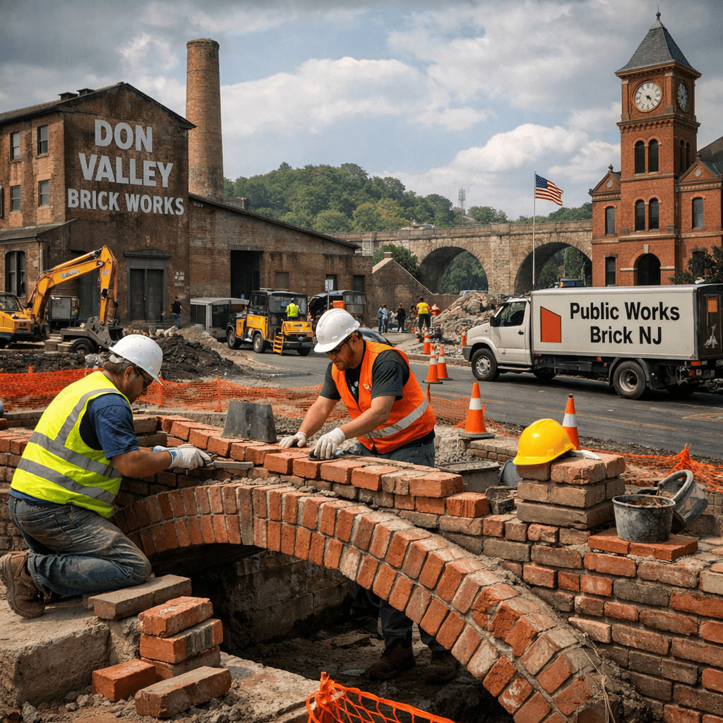 Workers restoring historic brick arch bridge at Don Valley Brick Works site with Public Works Brick NJ truck and industrial buildings in background