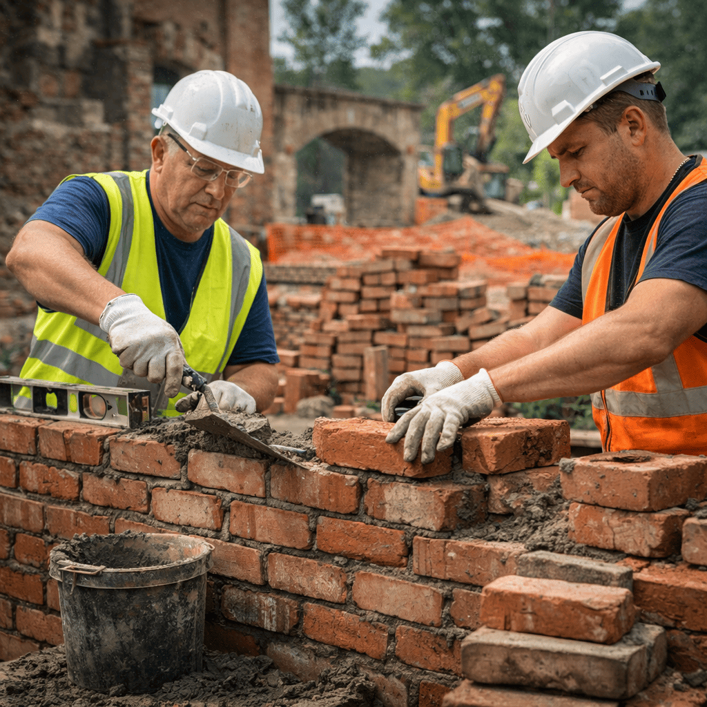 Two brick masons working on building a brick wall, applying mortar and aligning bricks at a construction site with stacks of bricks in the background