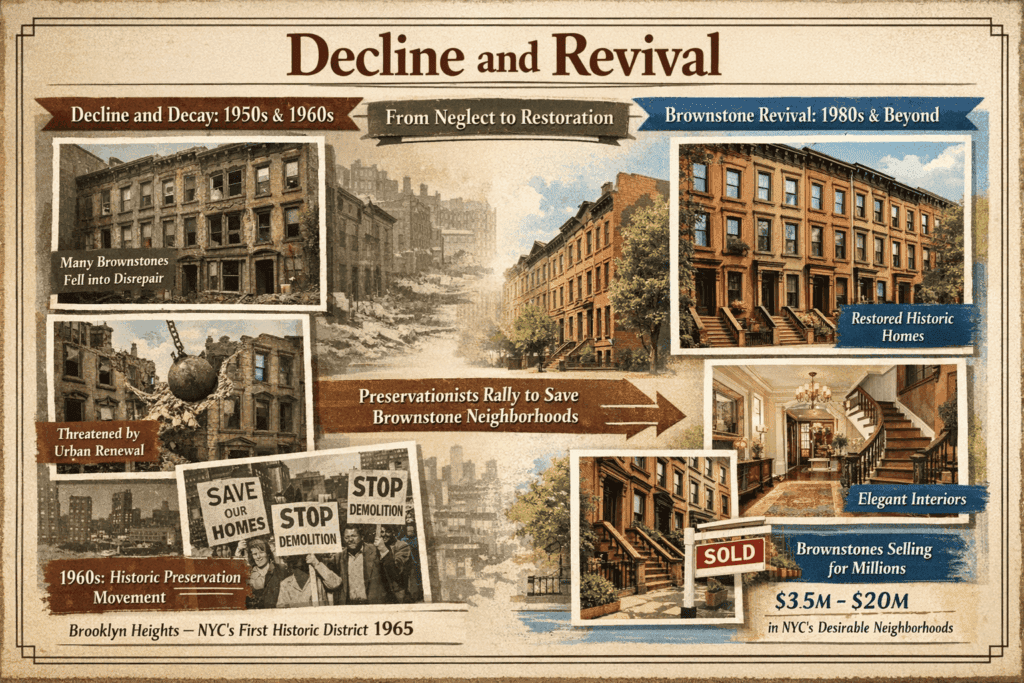 An educational infographic titled "Decline and Revival" illustrating the history of New York City brownstones. The left side shows 1950s–1960s brownstones in disrepair, threatened by urban renewal, with activists holding “Stop Demolition” signs. The right side depicts the 1980s and beyond, with restored brownstones, elegant interiors, and “Sold” signs, highlighting homes now worth $3.5M–$20M in desirable neighborhoods. Arrows connect the stages to show preservation efforts leading to revival.