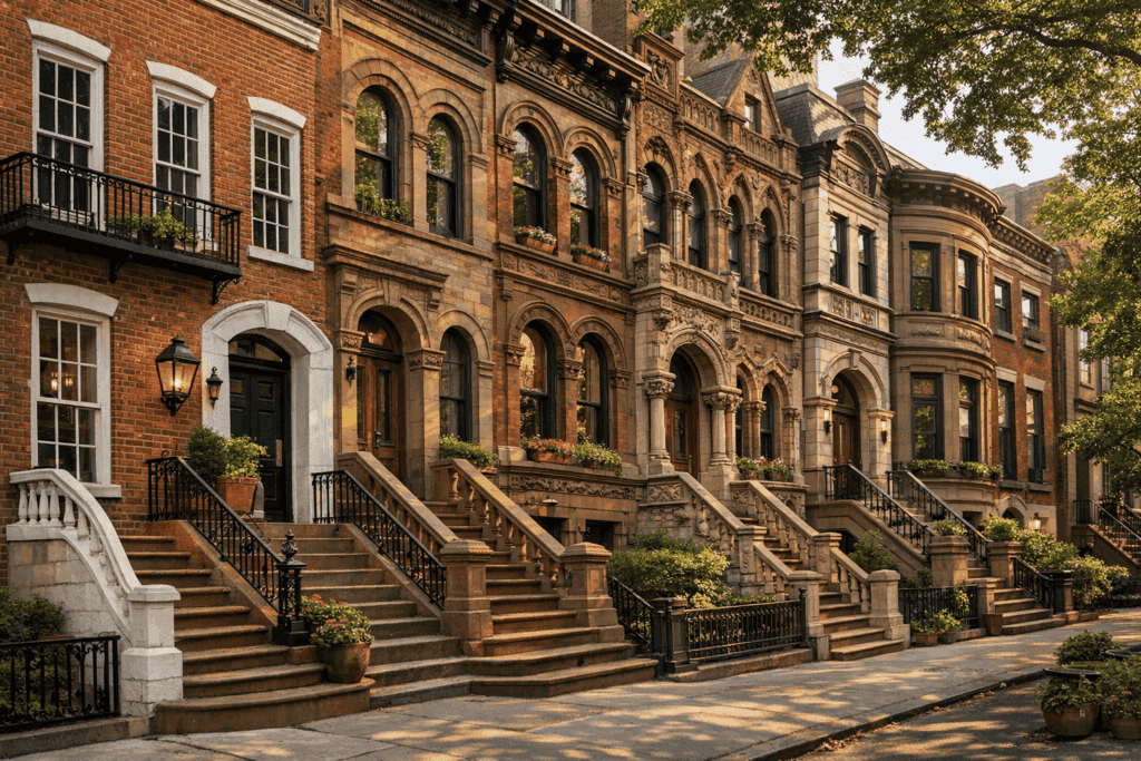 A row of historic brownstone houses showcasing diverse architectural styles in New York City