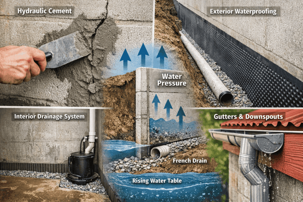 Composite image showcasing various basement waterproofing methods including hydraulic cement sealing cracks, interior drainage system, exterior waterproofing with French drains, rising water table, and gutters and downspouts for water management.