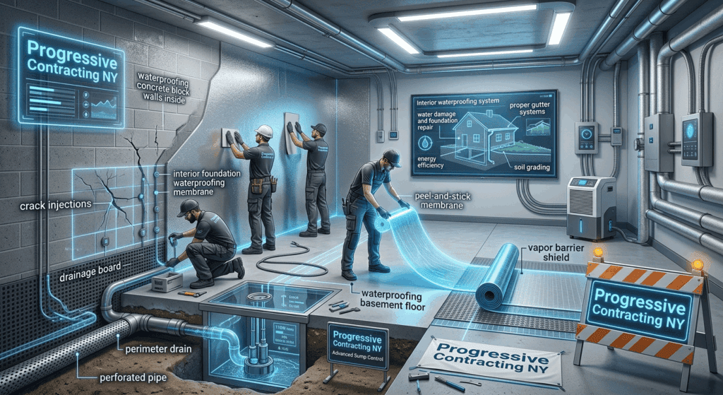 The Progressive Contracting NY branding is prominently displayed on technician uniforms, digital signage, and safety barriers, highlighting their expertise in foundation repair and water damage prevention.