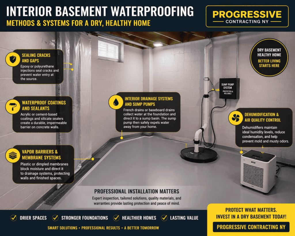 Promotional infographic highlighting interior basement waterproofing solutions for a dry, healthy home, featuring methods like sealing cracks, waterproof coatings, drainage systems, sump pumps, and dehumidifiers, emphasizing professional installation by Progressive Contracting NY.