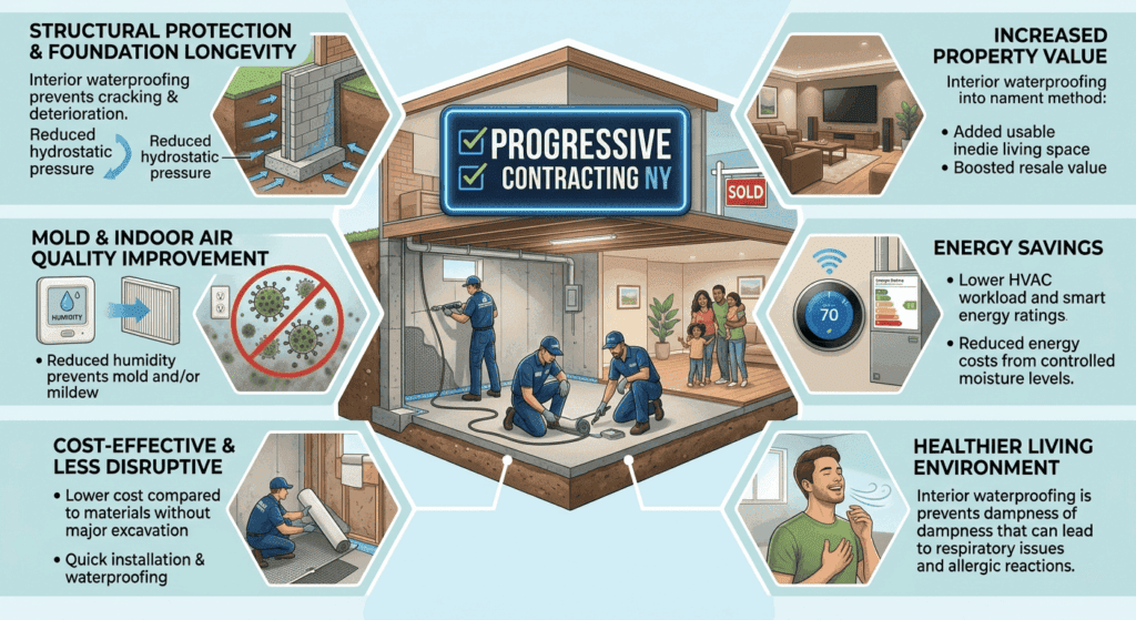 Structural Protection: A technical diagram showing foundation walls and hydrostatic pressure arrows.
