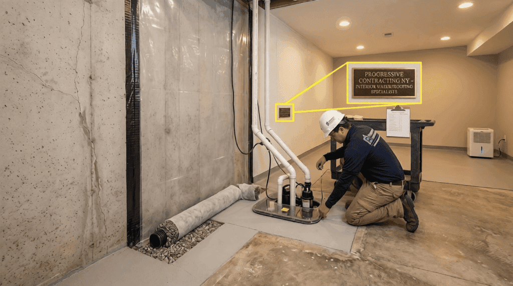 A wide-angle interior photograph capturing a Progressive Contracting NY crew member completing a comprehensive interior waterproofing system in a renovated basement, referencing the provided text.