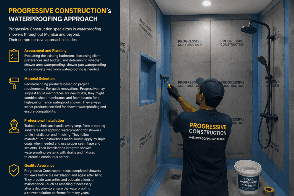 Progressive Construction specializes in waterproofing showers throughout Mumbai and beyond. Their comprehensive approach includes.