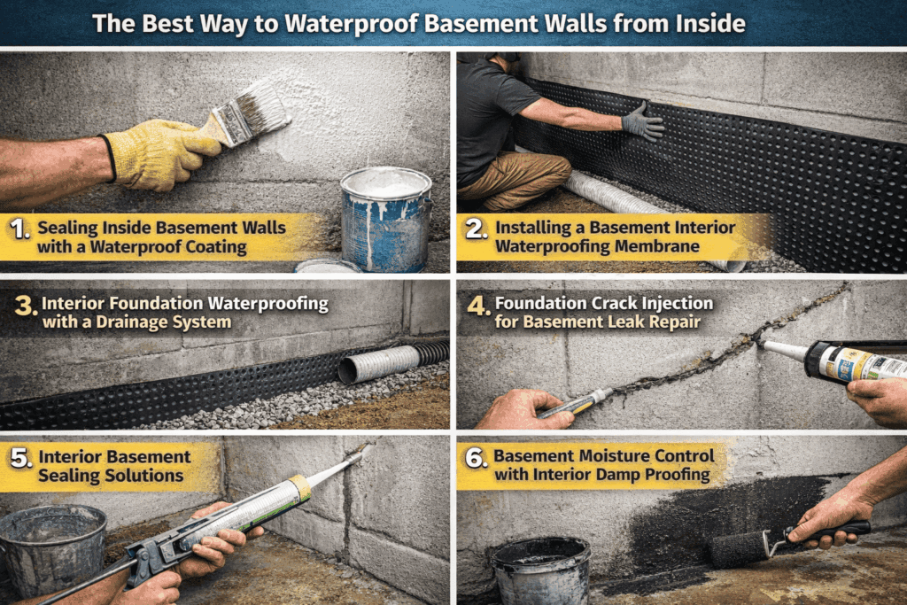 Composite image showcasing six methods for waterproofing basement walls, including sealing with waterproof coatings, installing interior waterproofing membranes, foundation crack injection for leak repair, interior drainage systems, sealing solutions, and basement moisture control with interior damp proofing.