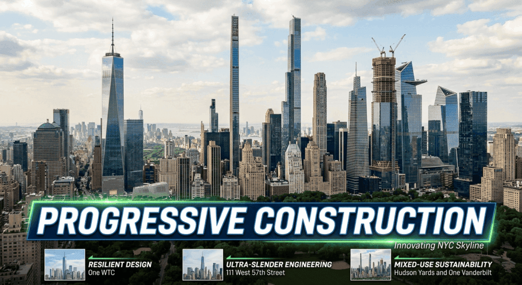 The lower portion of the image is dominated by a sleek, futuristic blue and green graphic overlay with the bold text "PROGRESSIVE CONSTRUCTION" in white capital letters. Below the main title is the subtitle "Innovating NYC Skyline." At the very bottom, three small inset photos with labels highlight key themes:

Resilient Design: Referencing One WTC.

Ultra-Slender Engineering: Referencing 111 West 57th Street.

Mixed-Use Sustainability: Referencing Hudson Yards and One Vanderbilt.

The overall aesthetic is professional and high-tech, emphasizing modern architectural achievement and engineering finesse.