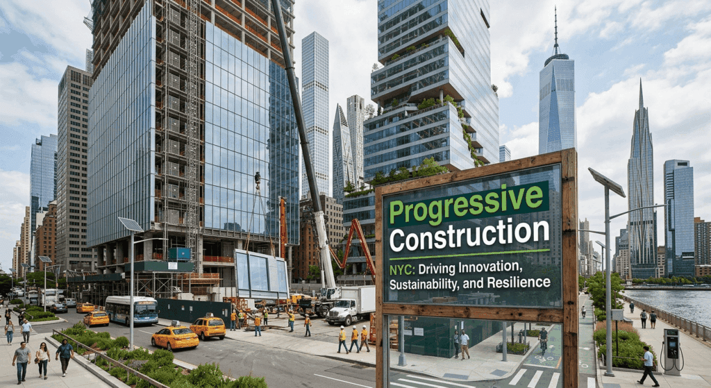 Further in the background, a dense cluster of various completed New York City skyscrapers is visible, featuring a variety of architectural styles, including a prominent glass-and-steel tower on the right and other taller, more traditional-looking structures.