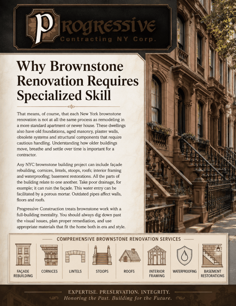 Progressive Contracting NY Corp. flyer about specialized NYC brownstone renovation services.