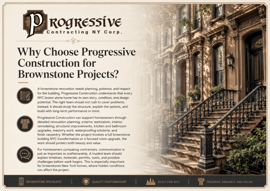 Progressive Contracting NYC Corp. brownstone renovation graphic with company logo, service details, and a classic New York brownstone stoop background.
