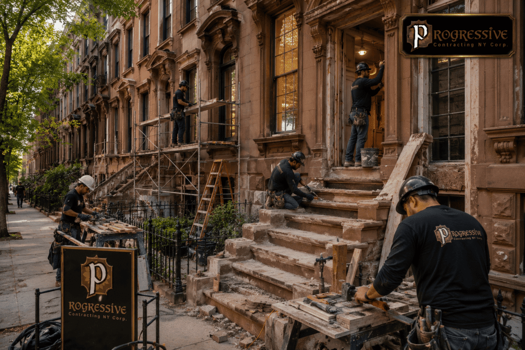 Progressive Contracting NY Corp. construction crew restoring a historic Brooklyn brownstone with scaffolding, masonry repair, stoop restoration, and facade renovation on a residential street.