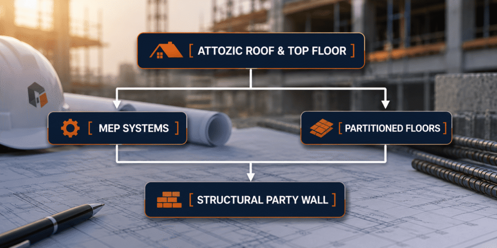 Historic roof and top floor construction diagram showing HVAC systems, hardwood floors, and structural party wall on an active building construction site.